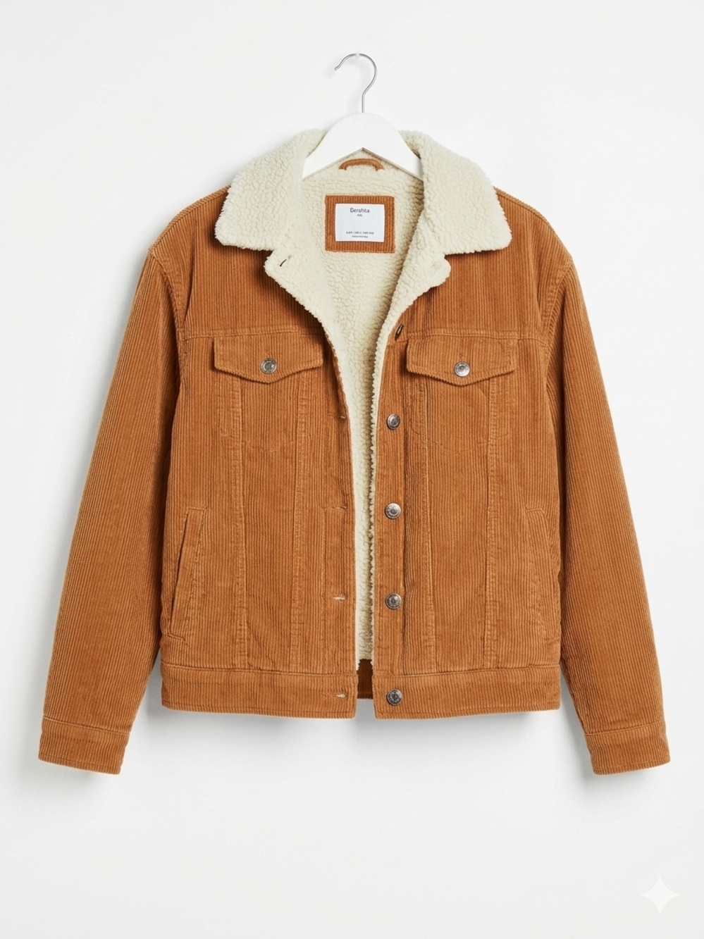 Bershka Corduroy Bomber Jacket with Cream Sherpa - Brown